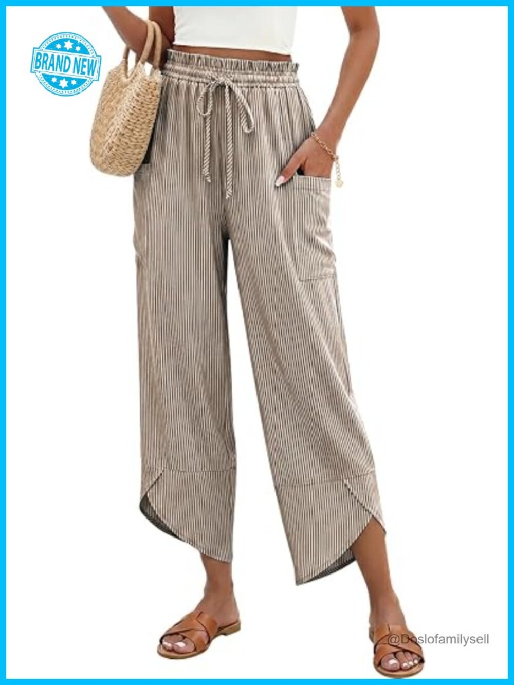 Linen Palazzo Pants Wide Leg Striped Capri Drawstring Harem Pockets Summer